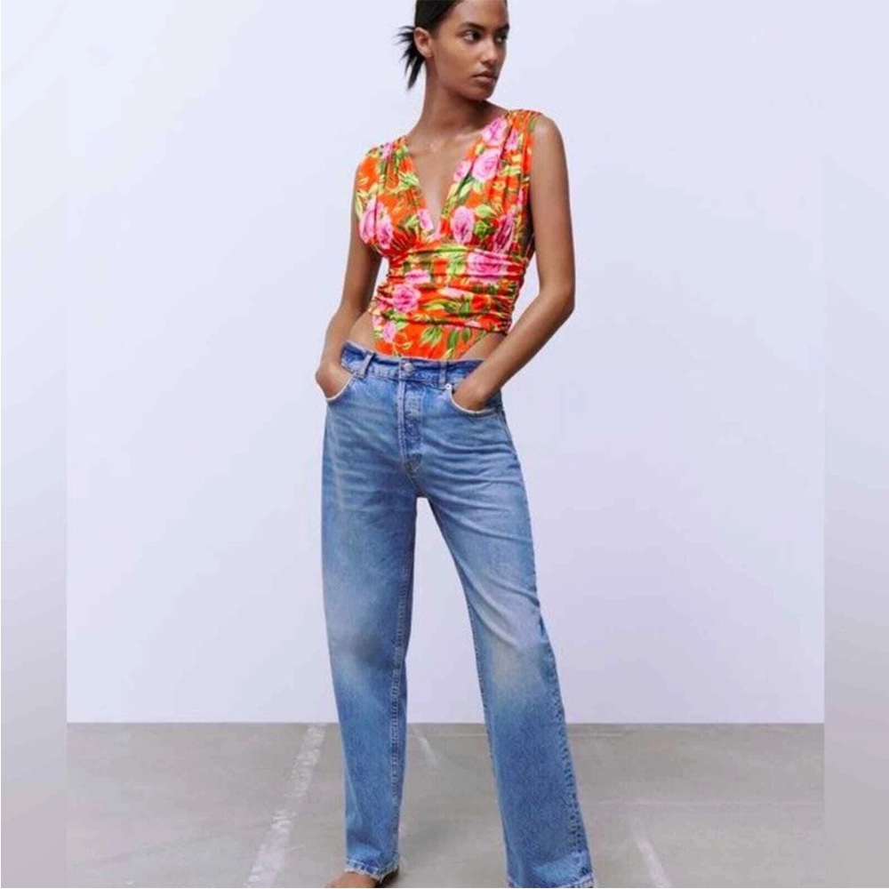 NWT Zara Floral Deep V Orange Bodysuit Size Small
